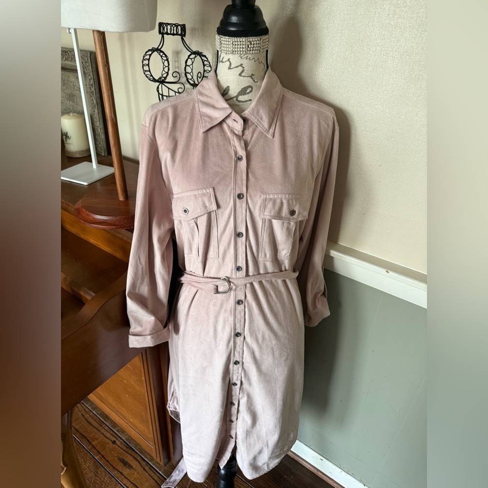 Women's Pink Blush Suede Belted High N Low Button Down Collar Dress 159.00